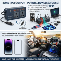 WYE 200W Car Power Inverter with 2 AC Outputs, 2x USB-A & 2x USB-C Fast Charging Ports